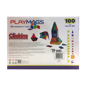 PLAYMAGS - MAGNETIC TILE CLEAR COLOUR 100 PIECES WITH SUPER MAGS (TP100)