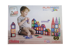 PLAYMAGS - MAGNETIC TILE CLEAR COLOUR 60 PIECES WITH SUPER MAGS (TP60)